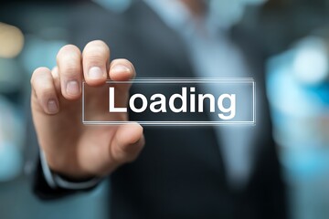 Vibrant photo of man's hand holding a loading bar with the text "Loading" in motion blur effect background. Digital online technology concept for business and web design or.