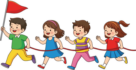 Cartoon kids running together holding rope, team activity concept, group exercise, fun children sport event with red flag illustration

 flat vector illustration