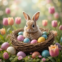 A charming Easter scene with a fluffy bunny in a cozy nest, surrounded by colorful eggs and blooming tulips, beautifully symbolizes the joyful celebration of spring as nature awakens
