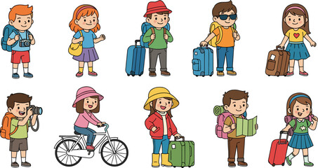 Cartoon kids and adults traveling with suitcase, backpack, bike, camera, map, journey, vacation, tourism adventure, cute vector illustration

 flat vector illustration