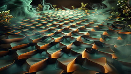Fototapeta premium Abstract artistic rendering of a textured surface resembling scales with green hues and light