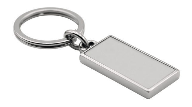 A sleek engraved keychain, white background --ar 16:9