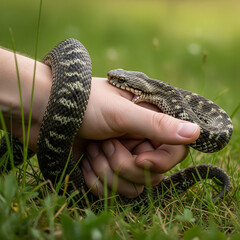 A snake biting a hand