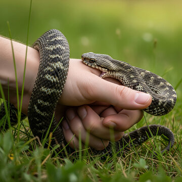A snake biting a hand