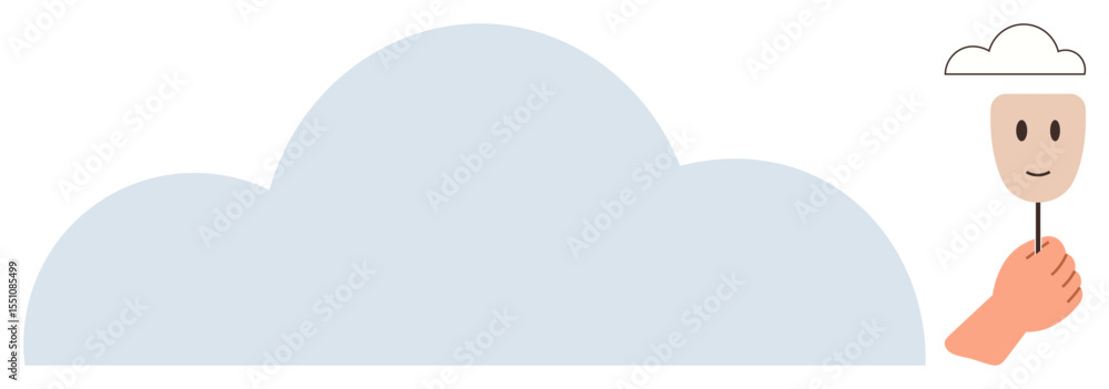 Aufkleber hand holds a stick with a smiling mask and a small cloud, contrasting with a large cloud. ideal for 