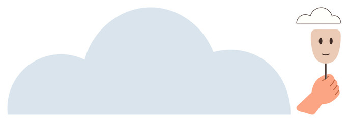 Hand holds a stick with a smiling mask and a small cloud, contrasting with a large cloud. Ideal for psychology, emotions, self-concept, mental health, hidden identity, positivity