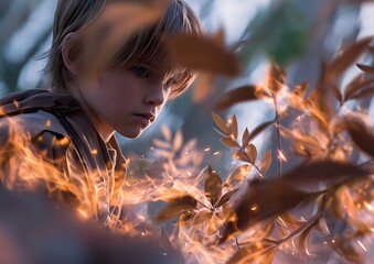 Boy in flames, surrounded by nature