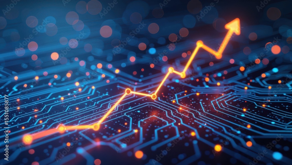 Aufkleber digital growth chart with upward trend superimposed on a glowing blue circuit board background with 