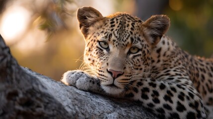 Fototapeta premium Leopard resting on tree branch in golden light
