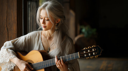 ギターを弾くグレンヘアーの女性