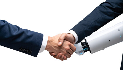Close-up of engineer and android shaking hands isolated on white background. png