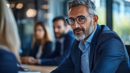 Fototapeta premium A middle-aged man in a suit and tie, seated at a conference table with colleagues, in a modern office setting.