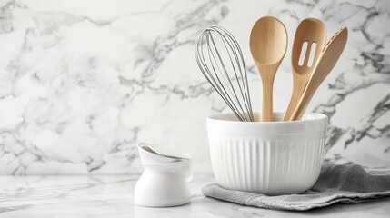 A white bowl with a handle and a white bowl with a lid on a marble countertop.