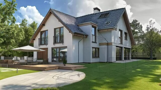 Architectural visualization showing a modern house transforming from initial sketch to photorealistic render