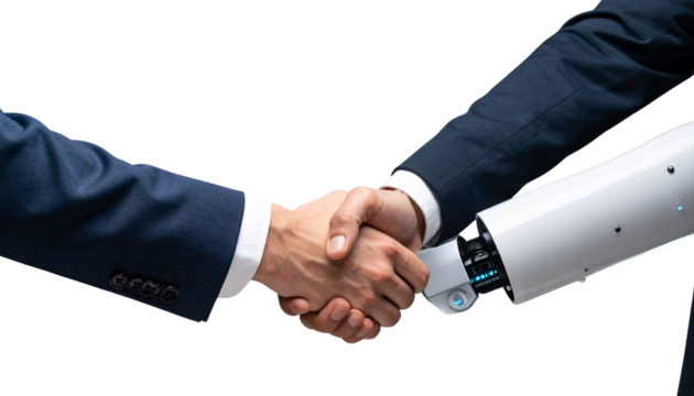 Close-up of engineer and android shaking hands isolated on white background. png