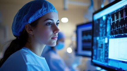 A young woman wearing a blue surgical cap, looking at a computer screen in a hospital setting.
