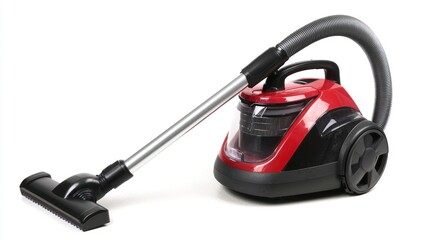 A red and black vacuum cleaner with a black hose and a black and gray filter on a white background.