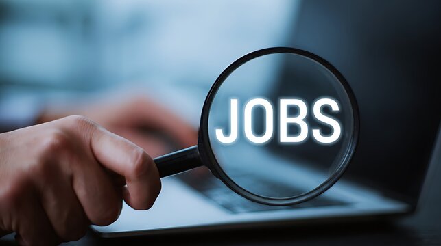 Vibrant photo of businessman searching for "JOBS " with a magnifying glass on a laptop screen, an online career technology service concept, high-quality stock photography.