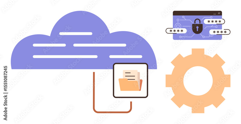 Poster cloud structure with connected folder, gear symbol, and password window for data access. ideal for t