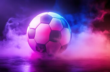 Obraz premium Soccer ball bathed in vibrant neon light, smoke
