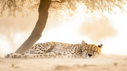Cheetah sleeping under a tree