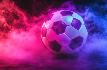 Naklejka premium Soccer ball in vibrant pink and blue smoke