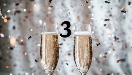 Two champagne flutes filled with bubbly, against a backdrop of confetti and the numeral three