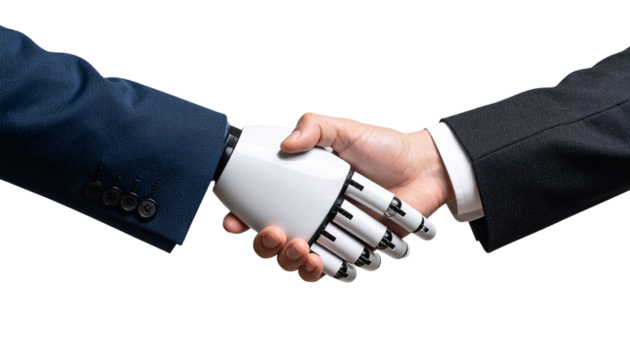Close-up of engineer and android shaking hands isolated on transparent background. Png - Powered by Adobe