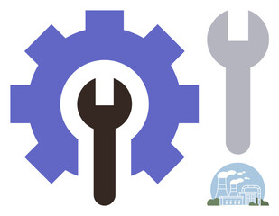 Wrench placed within a gear symbolizing industry, maintenance, and engineering. Small factory element at bottom for industrial context. Ideal for repair, tools, industry, engineering, production