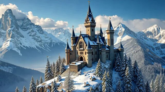 Majestic fairytale castle on a snowy mountain surrounded by pine trees and dramatic landscape under a bright winter sky. aerial perspective, vampire lands. Lone mansion