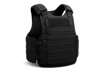 Modern bulletproof vest offering robust protection, featuring a sleek black design and transparent background for versatile use