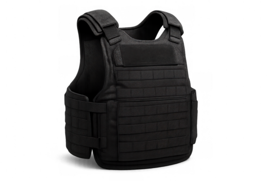 Modern bulletproof vest offering robust protection, featuring a sleek black design and transparent background for versatile use