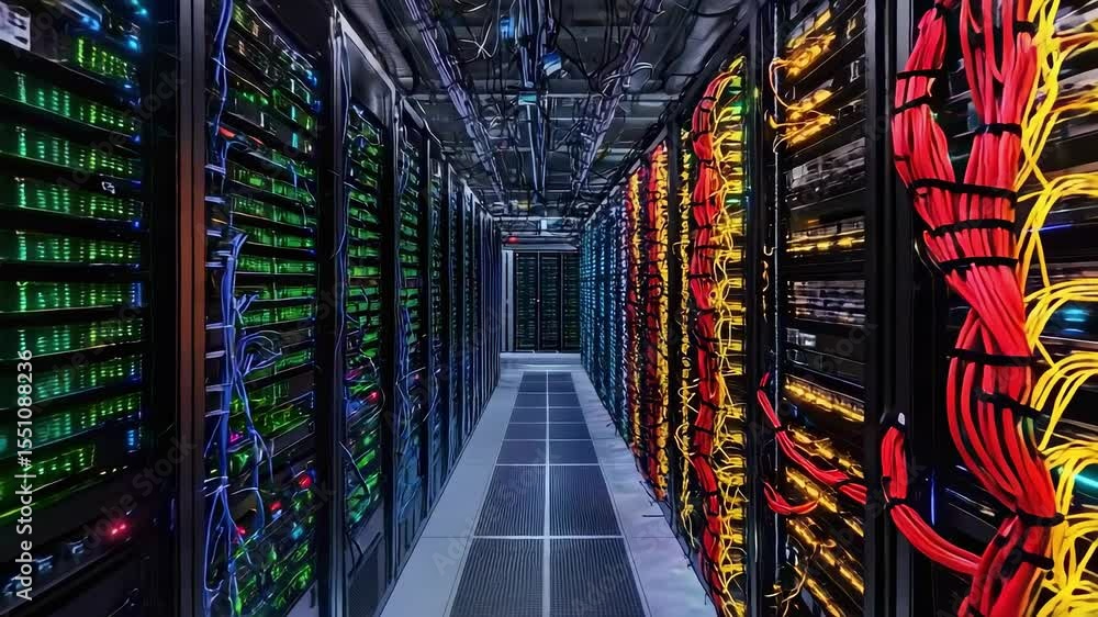 Poster a data center featuring rows of servers with colorful lights and intricate wiring.