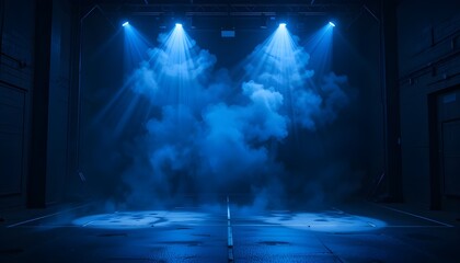 Dark Empty Street Scene with Neon Lights, Smoke, and Asphalt Floor in Blue Night Background