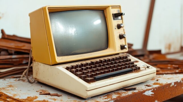 An old, dusty computer sits forgotten in a cluttered space, capturing the essence of technological evolution and nostalgia for early computing, evoking memories of simpler digital times.