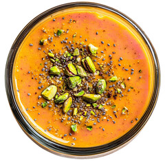 A top down view of a glass bowl filled with orange liquid and pistachio nuts and black sprinkles on transparent background