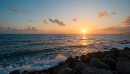 Romantic Ocean Sunset with Sun on Horizon for Dreamy Travel and Vacation Background