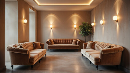 Fototapeta premium Luxurious and modern interior design featuring comfortable sofas and elegant lighting in a stylish living space
