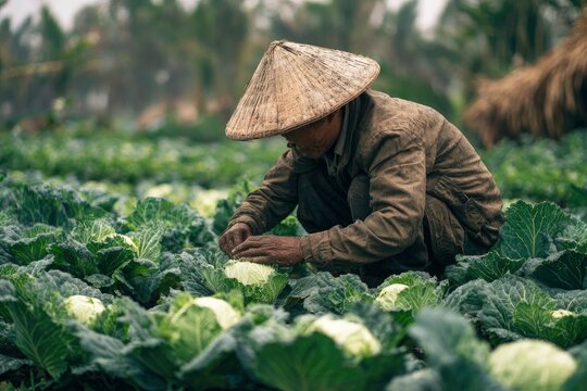 Farmer tending to cabbage patch wearing conical hat and work clothes