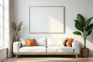 Neutral palette living room with hanging framed mockup , photography, off-white
