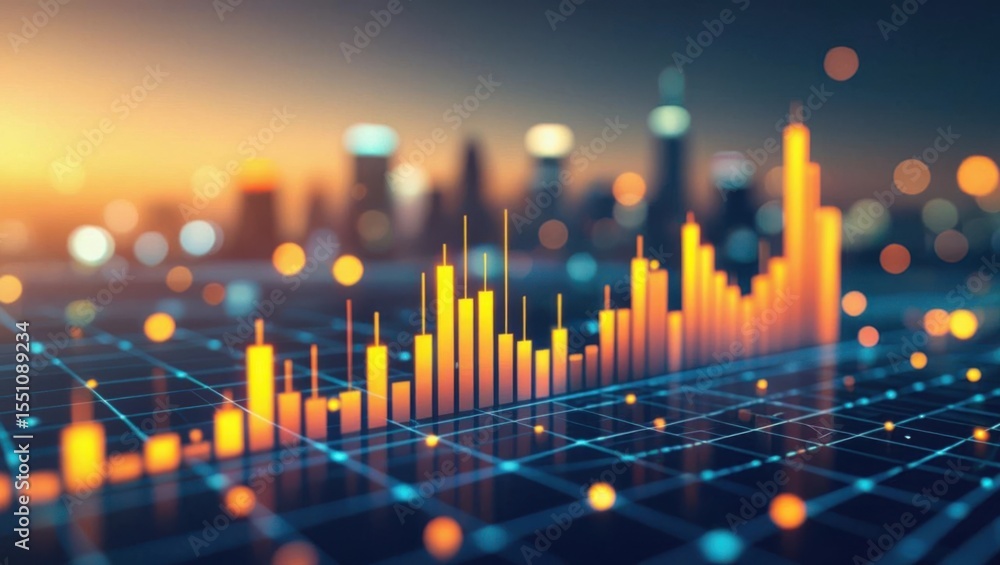Poster digital cityscape with glowing financial data visualization and network grid overlay