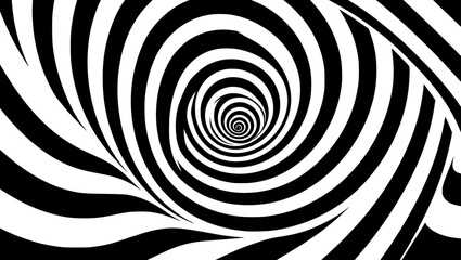 Swirling black and white pattern creates optical illusion with dynamic, wavy lines, forming a hypnotic and abstract, high-contrast visual experience