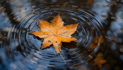 Autumn Leaf Floating Gently on Water – Tranquil Fall Scene with Reflections, Seasonal Colors, and Serene Nature Mood for Peaceful Background and Visual Calm