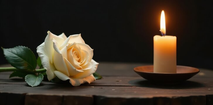 Single white rose beside flickering candle flame on dark wooden table Copy space , black, remembrance, element - Powered by Adobe