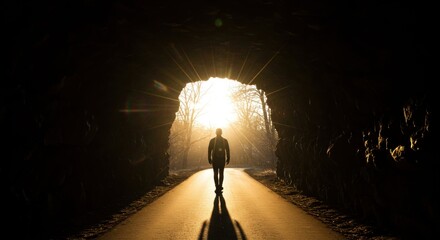 Silhouette walking toward bright light at the end of a dark tunnel.