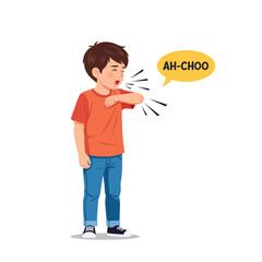 Sneezing Kid: A young child sneezes into his elbow, exemplifying the proper hygiene etiquette to prevent the spread of germs, in a cheerful and vibrant illustration style.