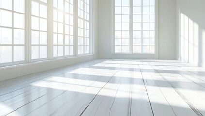 Sunlit, empty room with large windows