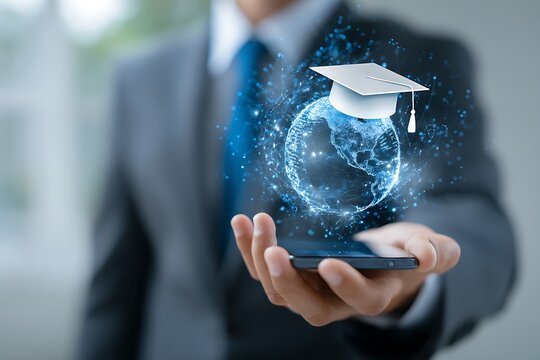 Vibrant photo of digital technology and education concept with a businessman holding a global world icon and a graduation hat symbol in his hand, using a mobile phone for.