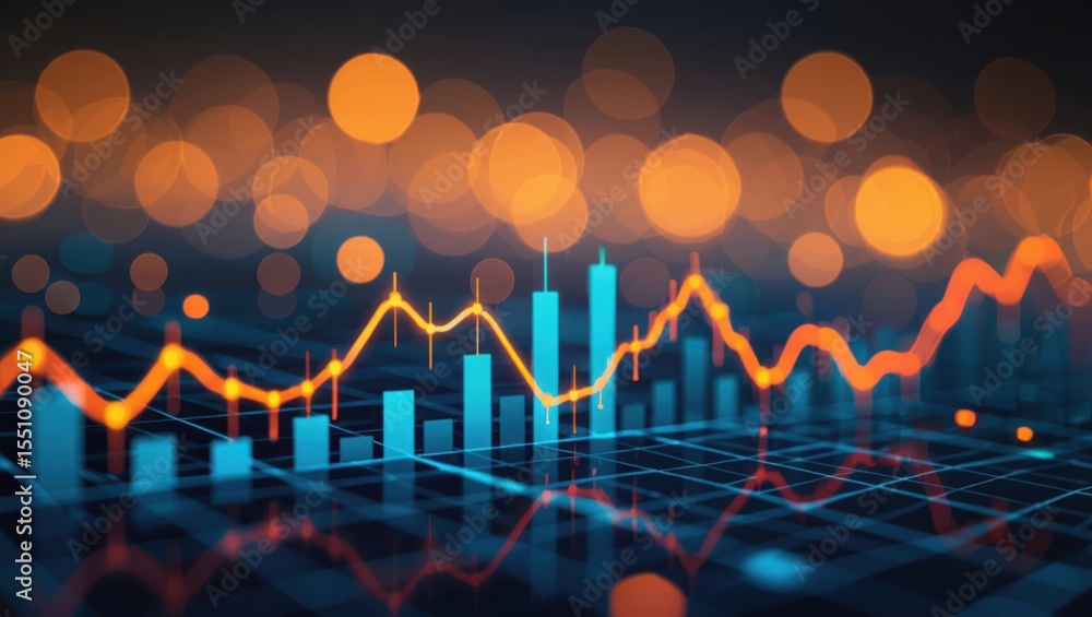 Aufkleber dynamic financial market analysis with glowing orange line graph and blue bar chart against a bokeh 