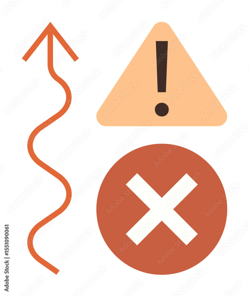 Poster exclamation mark in triangle, cross in circle, and zigzag arrow convey caution, error, and progress.